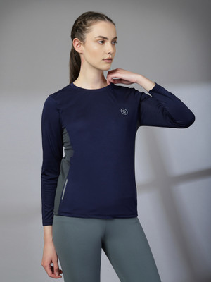 CHKOKKO Solid Women Round Neck Dark Blue T-Shirt