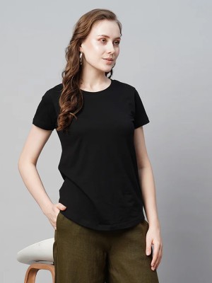 Wanglet Solid Women Round Neck Black T-Shirt