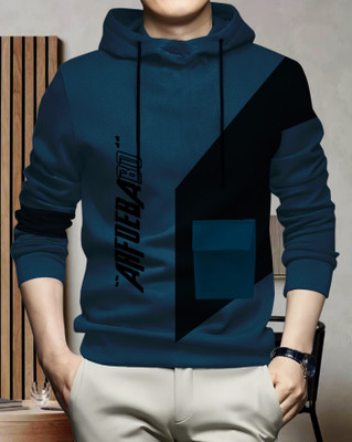 ENITOR Printed Men Hooded Neck Dark Blue T-Shirt