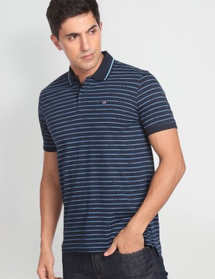 ARROW Striped Men Polo Neck Blue T-Shirt