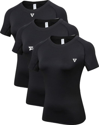 FITRIX7 Solid, Graphic Print Women Round Neck Black T-Shirt