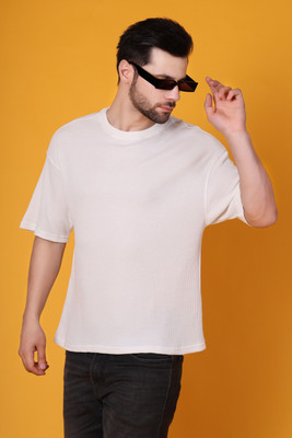 Flicky Fusion Self Design Men Round Neck White T-Shirt