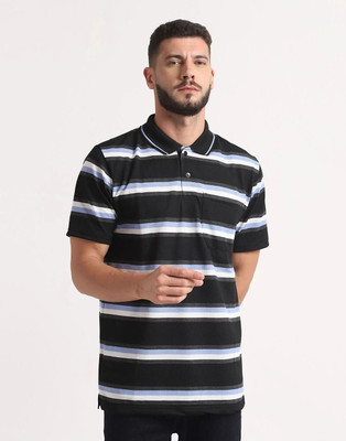 INKKR Striped Men Polo Neck Black T-Shirt