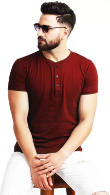 Leotude Solid Men Henley Neck Maroon T-Shirt