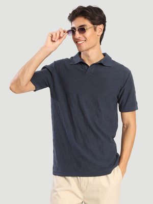 Roadster Self Design Men Polo Neck Navy Blue T-Shirt