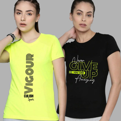 SPOWEARY Printed, Typography Women Round Neck Light Green, Black T-Shirt
