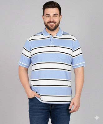 INKKR Striped Men Polo Neck Blue T-Shirt