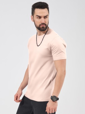 MANIAC Solid Men Round Neck Pink T-Shirt