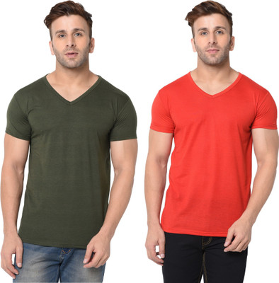 Adorbs Trend Solid Men V Neck Dark Green, Red T-Shirt