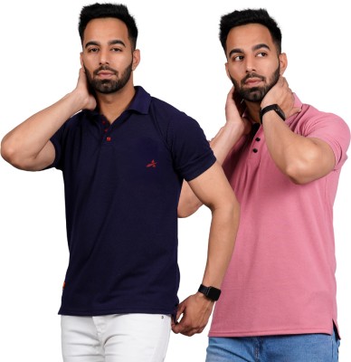 addiz Solid Men Polo Neck Blue, Pink T-Shirt