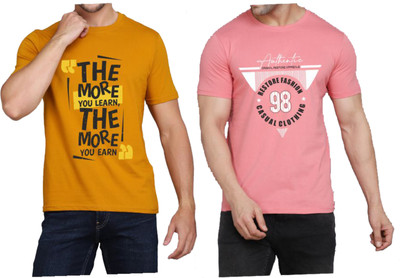 WOOSTRO Printed Men Round Neck Brown, Pink T-Shirt