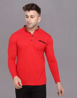 Lawful Casual Solid Men Mandarin Collar Red T-Shirt