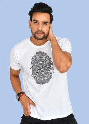 Burundi Blu Printed Men Round Neck White T-Shirt