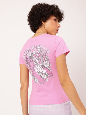 Dressberry Printed Women Round Neck Pink T-Shirt