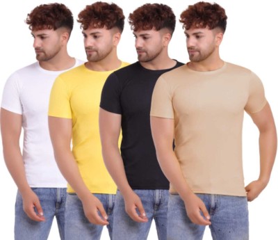 KASPY Solid Men Round Neck White, Yellow, Black, Beige T-Shirt