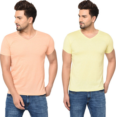 Adorbs Trend Solid Men V Neck Yellow, Orange T-Shirt