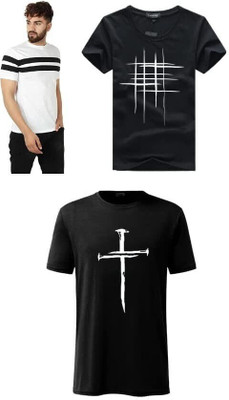 ATTITUDE START OF FASHION Printed Men Round Neck White, Black T-Shirt