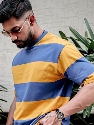 MANIAC Striped Men Polo Neck Yellow T-Shirt