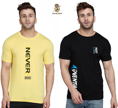 SLOWLORIS Typography Men Round Neck Black, Yellow T-Shirt