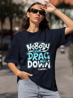JUST ROAR Printed Women Round Neck Navy Blue T-Shirt
