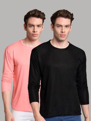 InkTees Solid Men Round Neck Pink, Black T-Shirt