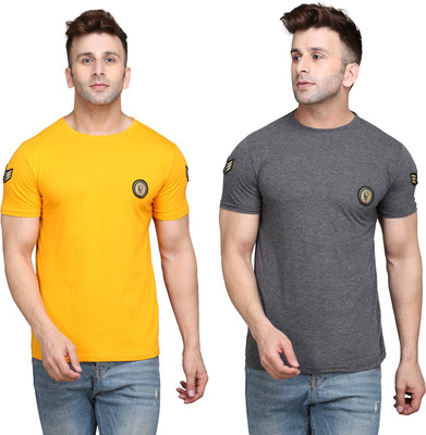 Blisstone Solid Men Round Neck Grey, Yellow T-Shirt