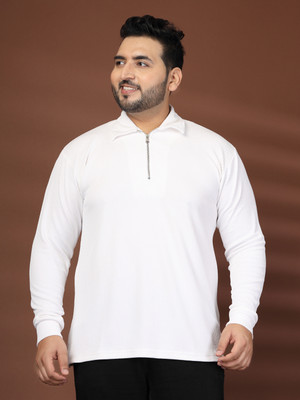 PLUSS Solid Men Zip Neck White T-Shirt