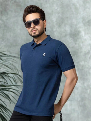 M TEX Solid Men Polo Neck Blue T-Shirt