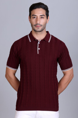 DZANT Striped Men Polo Neck Maroon T-Shirt