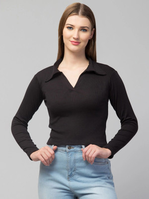 Tanushk Solid Women Polo Neck Black T-Shirt
