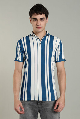 Vividvibe Self Design Men Polo Neck Blue T-Shirt