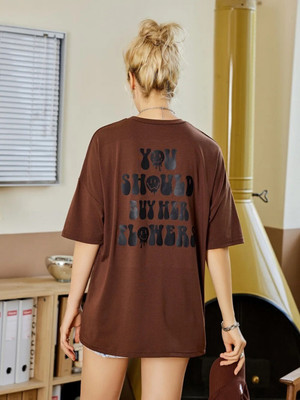 Christy World Printed Women Round Neck Brown T-Shirt