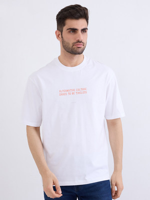 Spykar Solid, Printed Men Round Neck White T-Shirt