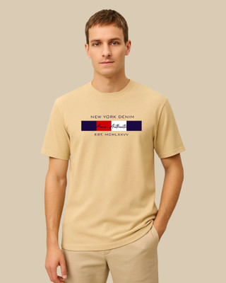 Droplet Printed Men Round Neck Beige T-Shirt