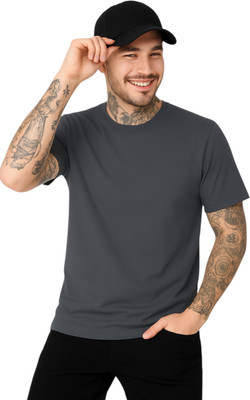 ASVERO Solid Men Round Neck Grey T-Shirt