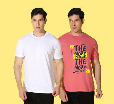 WOOSTRO Printed, Solid Men Round Neck White, Pink T-Shirt