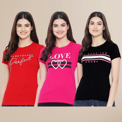 METRONAUT Printed Women Round Neck Black, Red, Pink T-Shirt