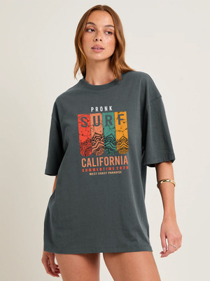 Pronk Printed Women Round Neck Grey T-Shirt