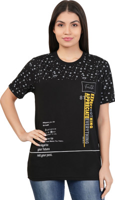 HouseOfCommon Printed Women Round Neck Black T-Shirt