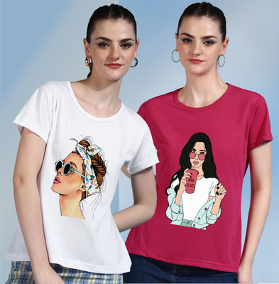 METRONAUT Printed Women Round Neck White, Pink T-Shirt
