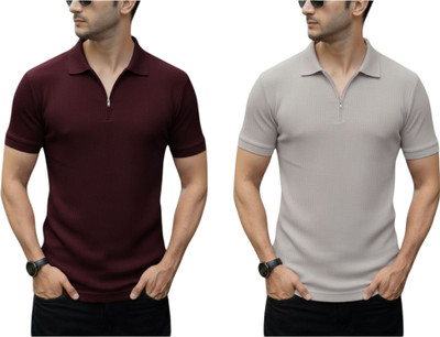 DSV Self Design Men Zip Neck Maroon, Grey T-Shirt