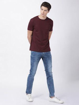 RULEDBYSUN Solid Men Round Neck Maroon T-Shirt