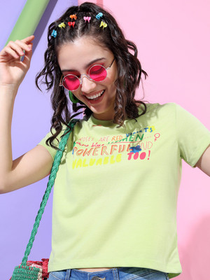 Tokyo Talkies Printed Women Round Neck Green T-Shirt