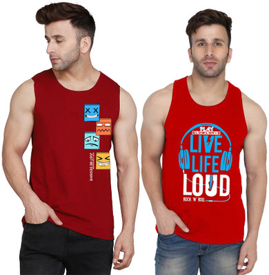SLOWLORIS Printed Men Scoop Neck Red, Maroon T-Shirt