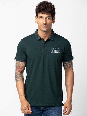 Spykar Solid Men Polo Neck Green T-Shirt
