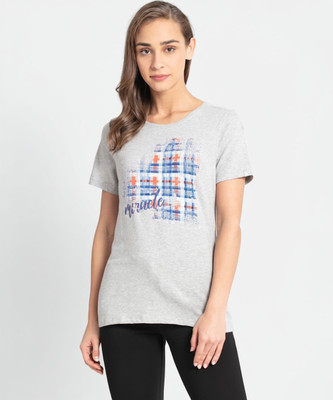 JOCKEY Printed Women Round Neck Grey T-Shirt