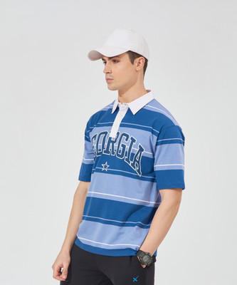 MANIAC Striped Men Polo Neck Dark Blue T-Shirt