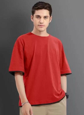 EMERALD Solid Men Round Neck Red T-Shirt