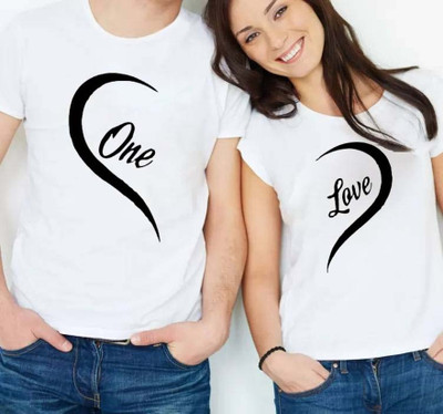 MAVAIGA Printed, Typography Couple Round Neck White T-Shirt