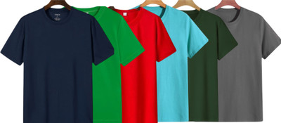 TTFE Solid Men Round Neck Navy Blue, Light Green, Red, Light Blue, Green, Silver T-Shirt